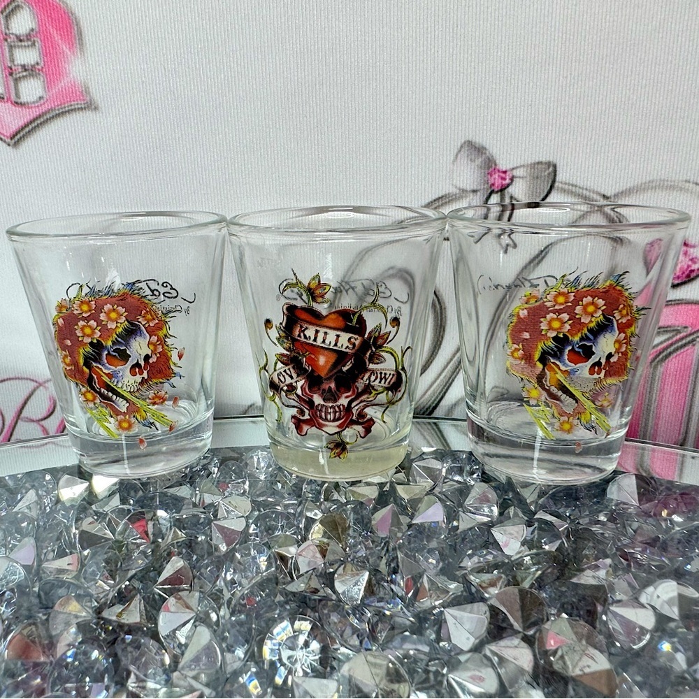 3 don ed hardy shot glasses mini glasses glass tattoo brand drinking bar ware